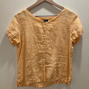 Eileen Fisher Pale Yellow Button-Down Linen Short Sleeve Top